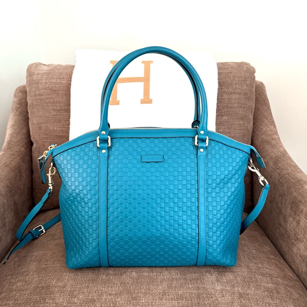 Authentic Gucci Microguccissima Dome Satchel tote bag cobalt blue leather
